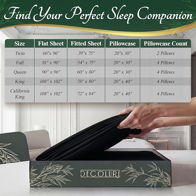 DECOLURE 100% Viscose Derived from Bamboo Sheets Queen Size - Luxury 6 Pc Naturally Cooling Sheets, Ultra Soft Bed Set - Deep 17" Pockets, Durable Double Stitching, Oeko Tex Standard (Black)