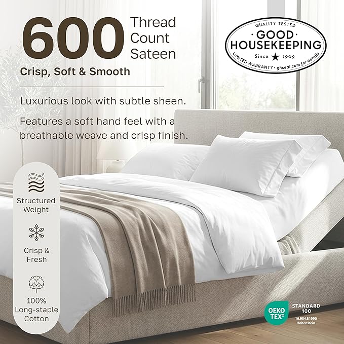 California Design Den Split King Sheet Set - 100% Cotton, Luxury 600 Thread Count Sateen, Breathable Split King Size Sheets for Adjustable Bed, Soft and Durable Sheets - Ivory (Warm Cream)