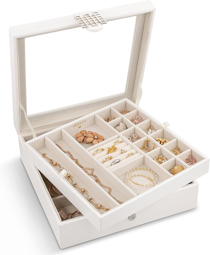 Glenor Co 28 Section Jewelry Box - 2 Layer - Buckle Snap & Magnet Closure - Large Glass Top - Leather Design - White - Jewelry Organizer for Women & Girls - for Earring Ring Necklace & Bracelet by GlenorCo