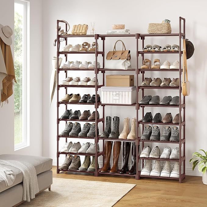 WOWLIVE 9 Tiers Shoe Rack Shoe Storage Shoe Organizer 30-35 Pairs Shoe Tower Unit Shelf Durable Metal Pipes with Plastic Connectors Stackable Cabinet Brown - Image 2