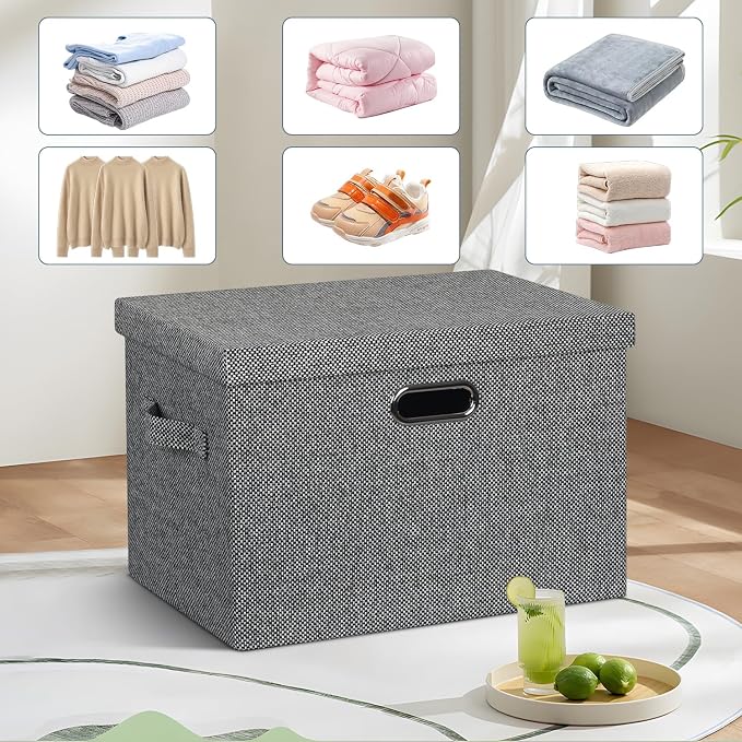 Graciadeco Large 17" 36 Quart Collapsible Stackable Storage Bins with Lids, 3 Packs Black and White Mix Linen Fabric Closet Boxes with Lids, Storage Cube Baskets Container Organizers (17x12x11) - Image 6