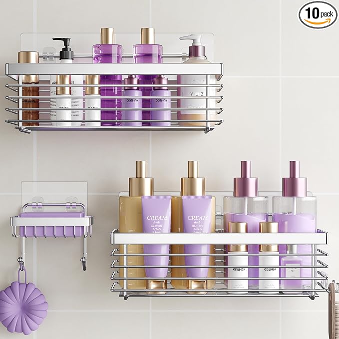 ODesign Shower Caddy 3 Pack SUS304 Stainless Steel-No Drilling-Shower Bathroom Shelves Rack,Rustproof Wall Mounted,Adhesive Shower Shelf Basket Organizer-Silver by ODesign