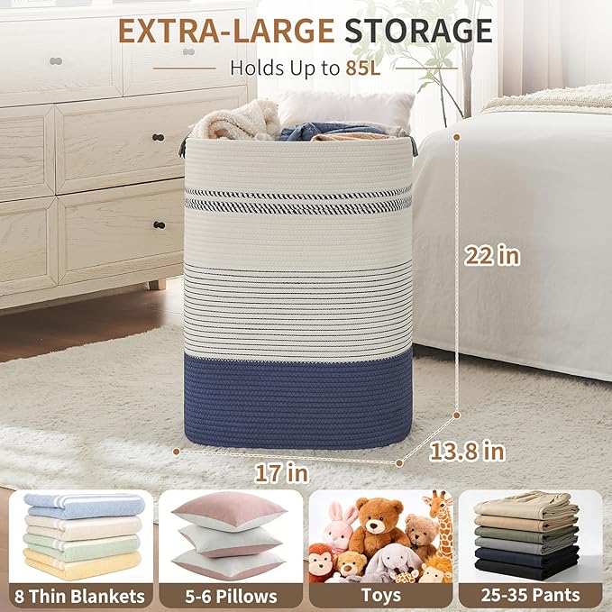 AINUOQI Large Laundry Basket - Tall Woven Rope Laundry Hamper with Leather Handles - Dirty Clothes hamper for Living room, Bedroom, 17" X 13.8" X 22", Dark Blue & White - Image 2