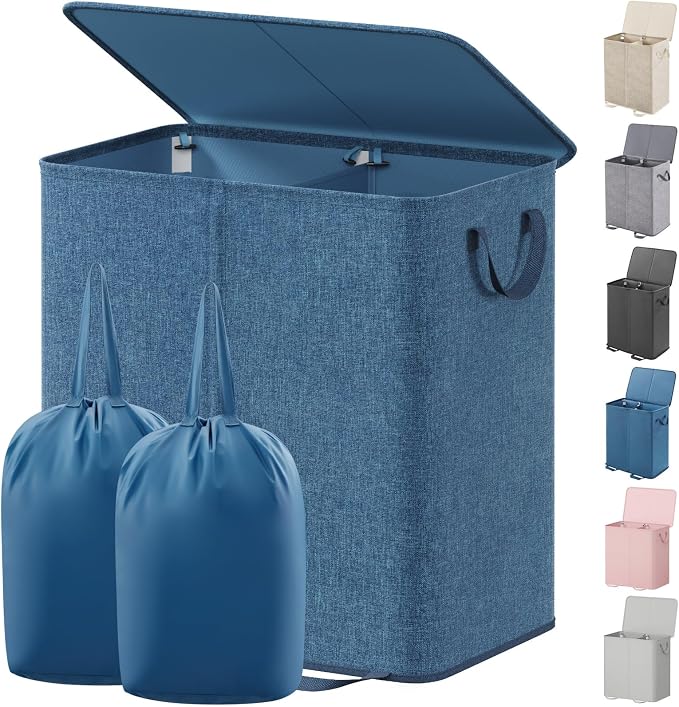 Lifewit Double Laundry Hamper with Lid and Removable Laundry Bags, Large Collapsible 2 Dividers Dirty Clothes Basket with Handles for Bedroom Laundry Room Closet Bathroom College, 136L Blue by Lifewit