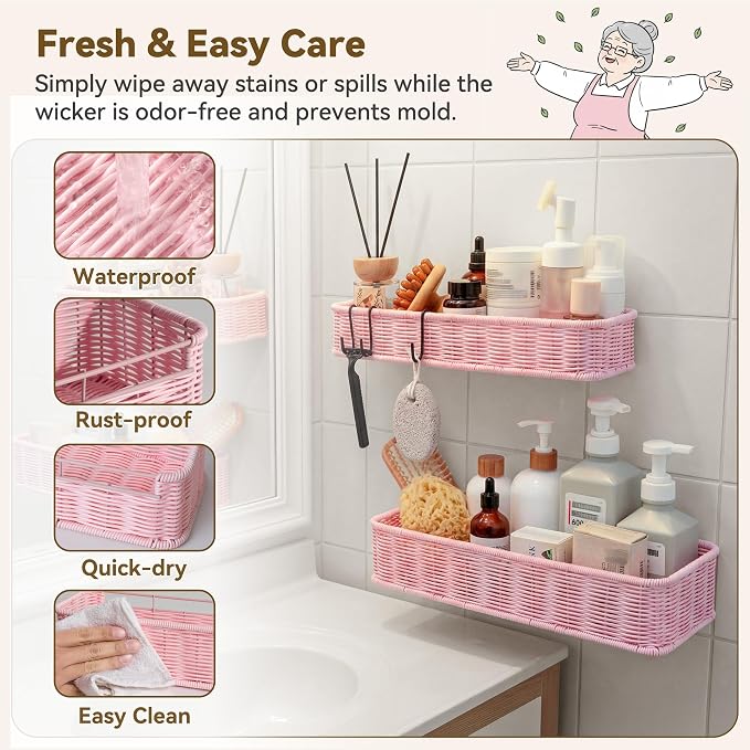 GRANNY SAYS 2 Pack Wicker Shower Caddy Hanging, Shower Shelf for Inside Showers, Adhesive Shelves for Bathroom Organizers and Storage, Bathroom Shelves Wall Mounted with 4 Hooks for Home Decor, Pink - Image 4