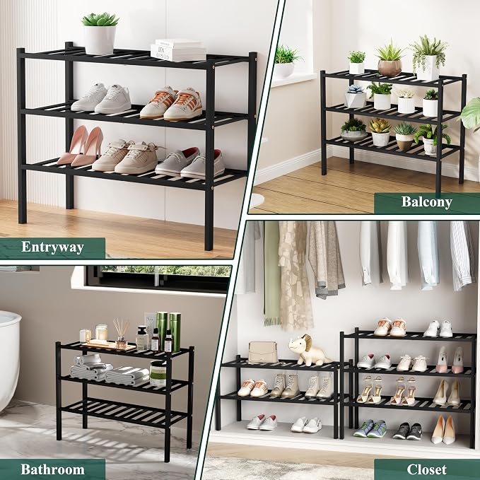 Smiry Shoe Rack, 6 Tier Small Bamboo Shoe Organizer, Stackable Free Standing Wooden Shoe Storage Shelf for Closet, Entryway, Front Door Entrance, Black - Image 5