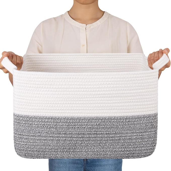 OIAHOMY Woven Storage Basket for Shelves, Rectangle Cotton Rope Baskets for Organizing, 16 x 12 x 10 in, Storage Bins for Dog Toys,Towel,Books,Gift,Grey and White by MasterofSpaceOptimization