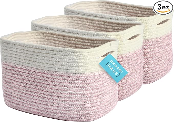 OrganiHaus Rope Baskets for Shelves - Set of 3 Woven Storage Baskets for Organizing, Closet & Toy Storage - Pink/Off-White - 15x9x10 by OrganiHaus