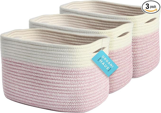 OrganiHaus Rope Baskets for Shelves - Set of 3 Woven Storage Baskets for Organizing, Closet & Toy Storage - Pink/Off-White - 15x9x10 by OrganiHaus