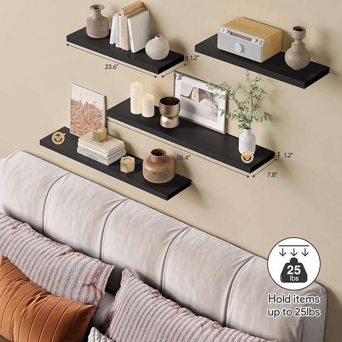 Forbena Large Floating Shelves for Wall 36 Inches Long 8 Inch Deep, Black Wall Shelves for Kitchen Bedroom, Heavy Duty Wooden Floating Shelf for Living Room Office Closet (Black, Set of 3) - Image 4