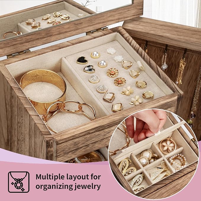 Jewelry Box for Women, Rustic Wooden Jewelry Boxes & Organizers with Mirror & Drawers,6 Layer Jewelry Organizer Box for Rings Earrings Necklaces Bracelets (Carbonized Black) - Image 5