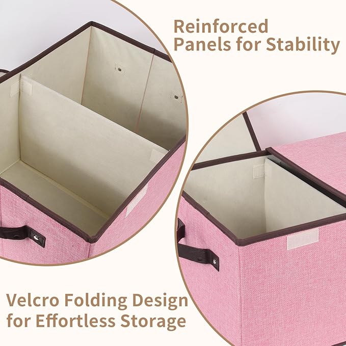 Foldable Fabric Storage Box with Double-Lid & Dividers, Large Organizer for Home, Closet, Office (Pink, 2 Packs) - Image 3