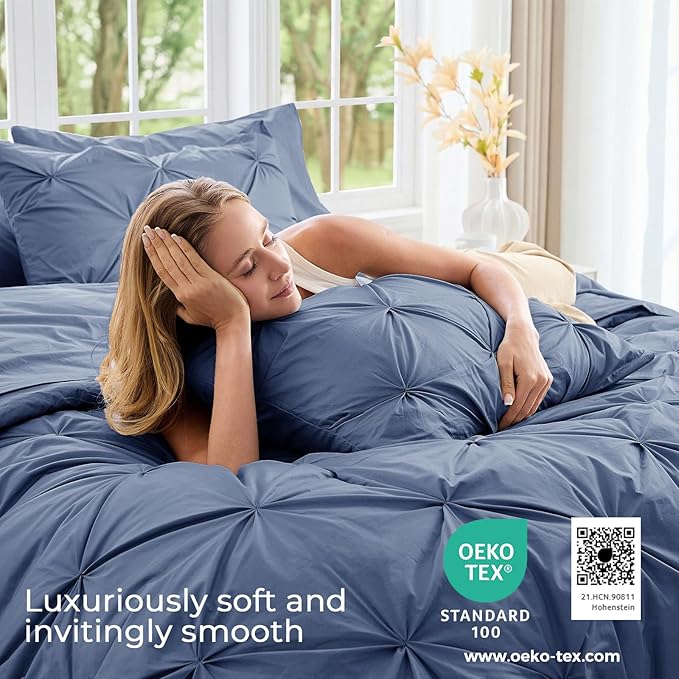 Sasttie California King Comforter Set, 7-Piece Bed in a Bag, Pintuck Bedding Sets for All Season, Includes Comforter, Flat Sheet, Fitted Sheet, Pillowcases and Pillowshams, Slate Blue