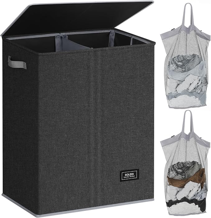 SOLEDI Double Laundry Hamper with Lid, 130L Clothes Hamper 2 Section, Laundry Basket with Removable bag, Bed room decor aesthetic, laundry room organization, Home and dorm room essentials by SOLEDI