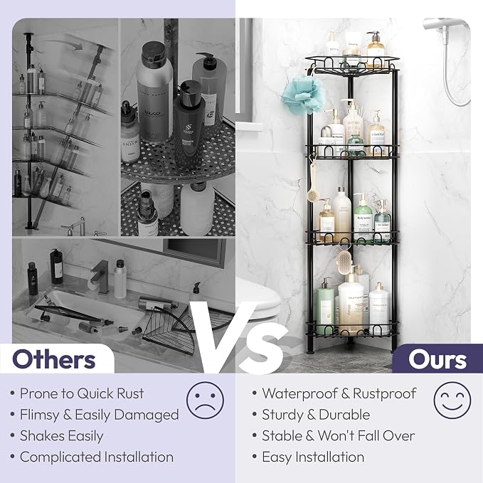 SWTYMIKI Standing Shower Caddy Corner - 4‑Tier Stainless Steel Shower Organizer Shelf with 16 Hooks and Adhesive Pads, Rustproof Corner Shelves Stand Rack for Bathroom Shower Room, Black - Image 2