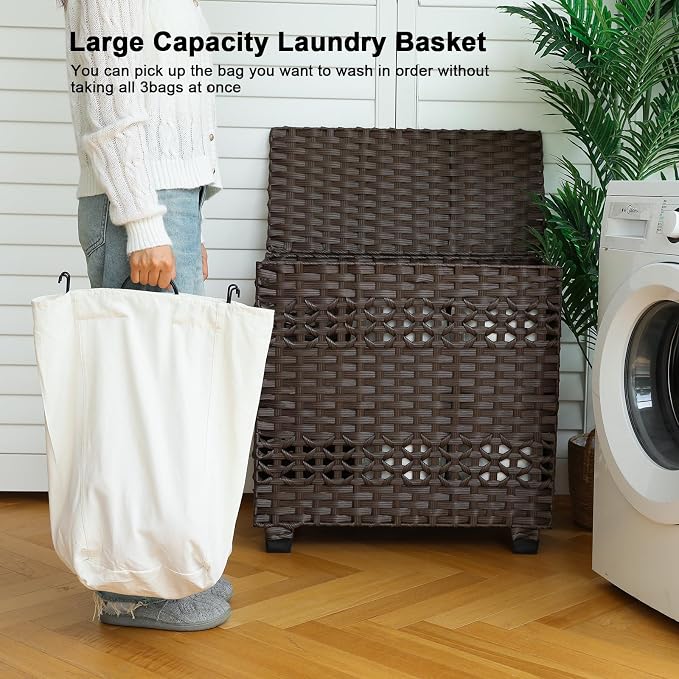 OIAHOMY Laundry Hamper with Lid, 140L Clothes Hamper with 3 Removable Liner Bags, Foldable Basket with Lid, Synthetic Wicker Laundry Basket for Bedroom, 27x 13 x 26 Inches, Brown - Image 6