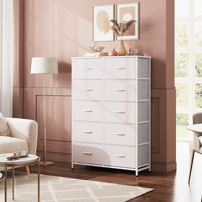 WLIVE Tall Dressers for Bedroom with 10 Fabric Drawers, Chest of Drawers, Dresser for Closet, Hallway, Living Room, Entryway, White
