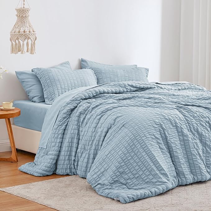 Love's cabin Seersucker Light Blue Queen Comforter Set, 7-Piece All Season Lightweight Bed in a Bag Bedding Set with Comforter, Flat Sheet, Fitted Sheet, Pillowcases and Shams | Soft, Breathable, Lightweight