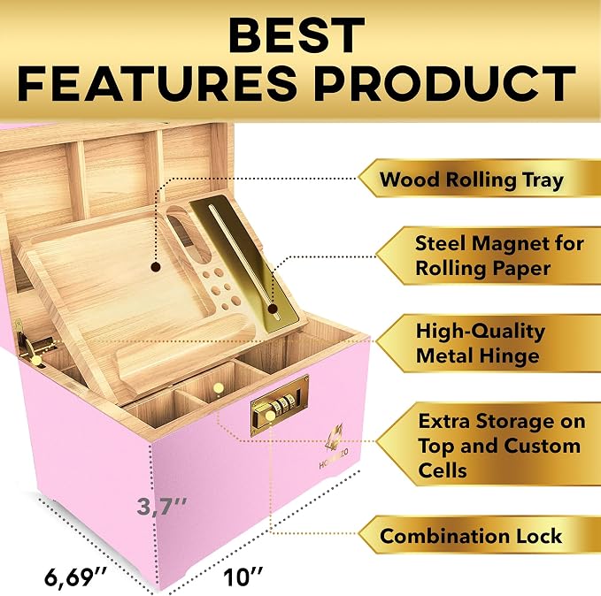 HOVANZO Premium Large Bamboo Storage Box with Removable Tray - Storage Wood Box for Herbs and Accessories - Storage Box Set with Combination Lock - Smell Proof Container with Accessories - Image 4