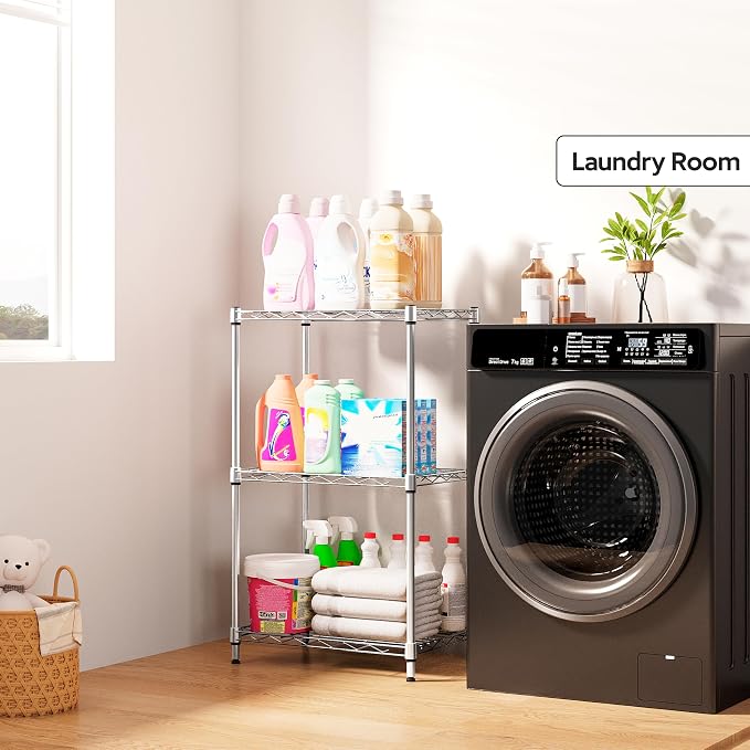 M MZG 3 Tiers Shelf Metal Storage Shelves Wire Rack Closet Organizers with Wheel for Garage Kitchen Bathroom Laundry Chrome 11.8" D x 17.7" W x 28.8" H - Image 7