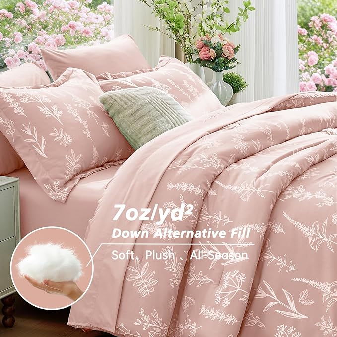 MUXHOMO Cameo Pink Twin Comforter Set, Elegant Floral Print Bed in a Bag 5 Pieces, Ultra Soft & Breathable Reversible Botanical Pattern Bedding Set with Comforter, Sheets, Pillowcase, and Sham