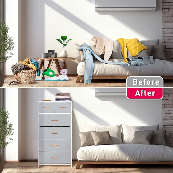 Mifuro Tall Dresser for Bedroom, Vertical Storage Organizer Tower with 6 Drawers, Chest of Drawers with Fabric Bins, Steel Frame, Wood Top for Bedroom, Closet, Entryway- Light Grey - Image 6