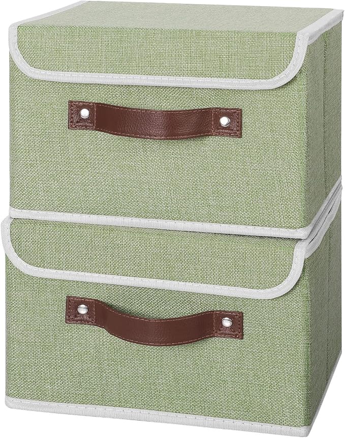 ANMINY 2PCS Storage Bins with Lid PU Leather Handles Storage Boxes PP Plastic Board Decorative Foldable Lidded Cotton Linen Fabric Home Cubes Baskets Closet Organizer Containers - Green, Small Size - Image 2