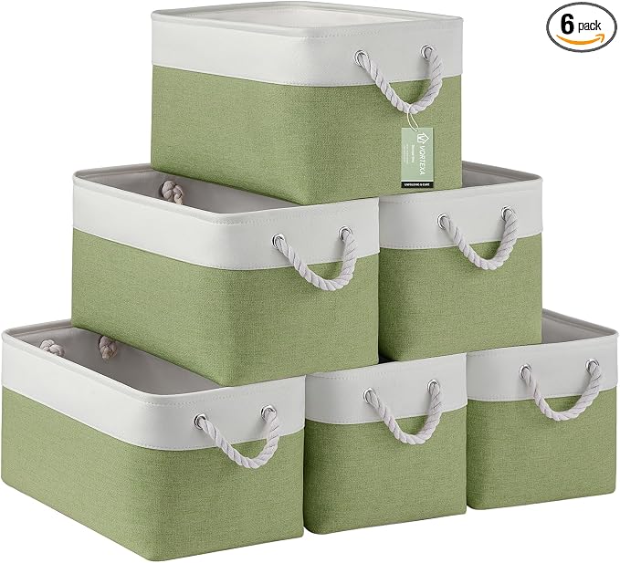 Large Storage Baskets- 15x11x10 inch Storage Bins for Shelves and Closet Organizing, Foldable Fabric Bin for Home Organization Clothes and Laundry (6-Pack, White&Green) by VQRTEXAStorageBasket