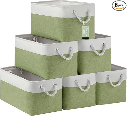 Large Storage Baskets- 15x11x10 inch Storage Bins for Shelves and Closet Organizing, Foldable Fabric Bin for Home Organization Clothes and Laundry (6-Pack, White&Green) by VQRTEXAStorageBasket