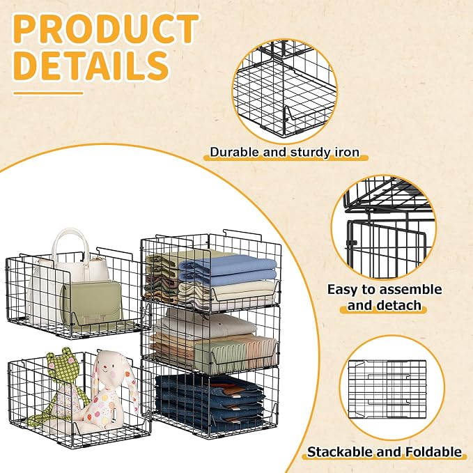 Jakyitvi 5-Tier Stackable Closet Organizer Shelf – Foldable Metal Storage Bins for Clothes, Sweaters & Towels | Stylish Black Wire Baskets for Bedroom, Wardrobe, Dorm or Entryway - Image 9