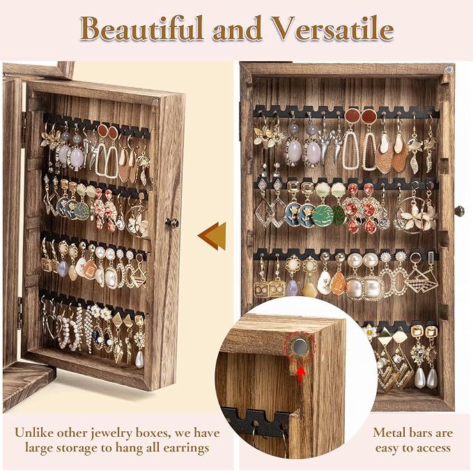 Emfogo Wooden Jewelry Box for Women, 6-Tier Large Jewelry Organizer Boxes with Mirror Rustic Solid Wood jewlery Storage Display for Rings Earrings Necklaces Bracelets watches(Carbonized Brown) - Image 7