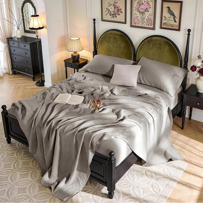 SONORO KATE 100% French Pure Linen Sheets, Breathable and Durable Queen Size Sheets, 16 Inch Deep Pocket - 4 Piece (Mauve Brown)