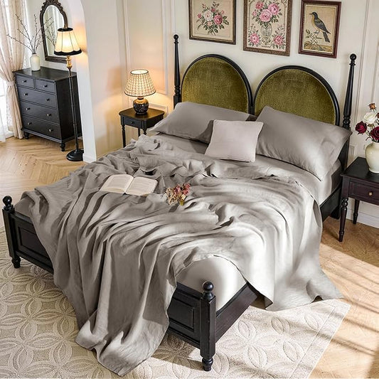 SONORO KATE 100% French Pure Linen Sheets, Breathable and Durable Queen Size Sheets, 16 Inch Deep Pocket - 4 Piece (Mauve Brown)