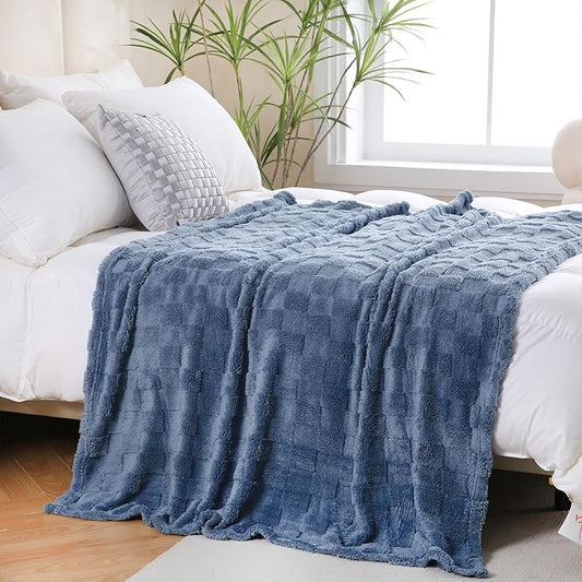Dusty Blue Fleece Throw Blanket 108”×90” for Couch Sofa Bed,Super Soft Cozy Plush Microfiber Flannel Blanket with 3D Checkered Design Lightweight for Adults,Woman,Girls