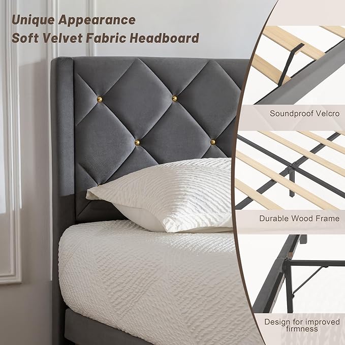 Full Bed Frame with Headboard, Bed Frame Full Size with Sturdy Wooden Slats Support, Platform Frame with Velvet Upholstered Headboard, Mattress Foundation, Easy Assembly, No Box Spring Needed grey