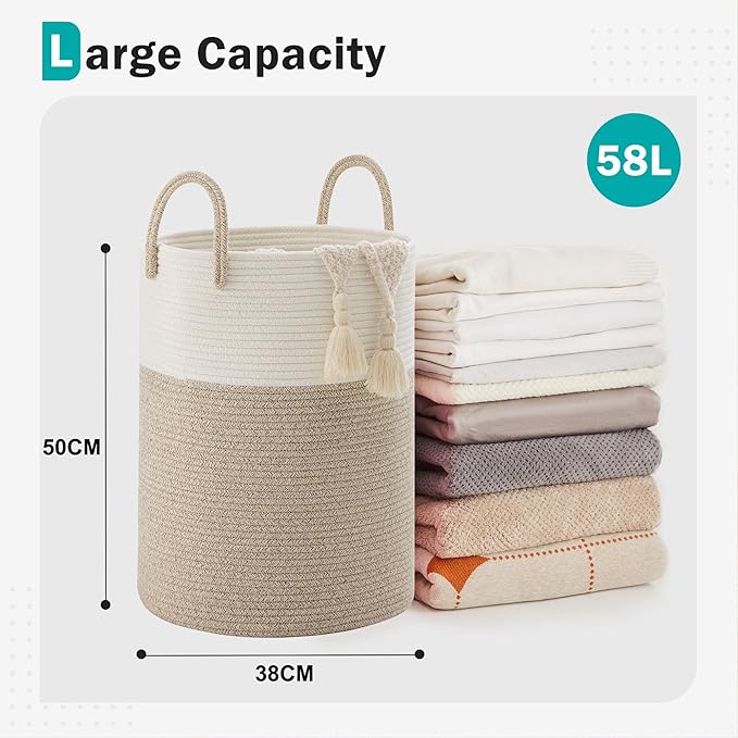Cotton Rope Laundry Basket by YOUDENOVA, 58L Woven Collapsible Laundry Hamper, Clothes Hamper with Reinforced Handles in the Laundry Room, Bedroom, Bathroom, Brown - Image 4