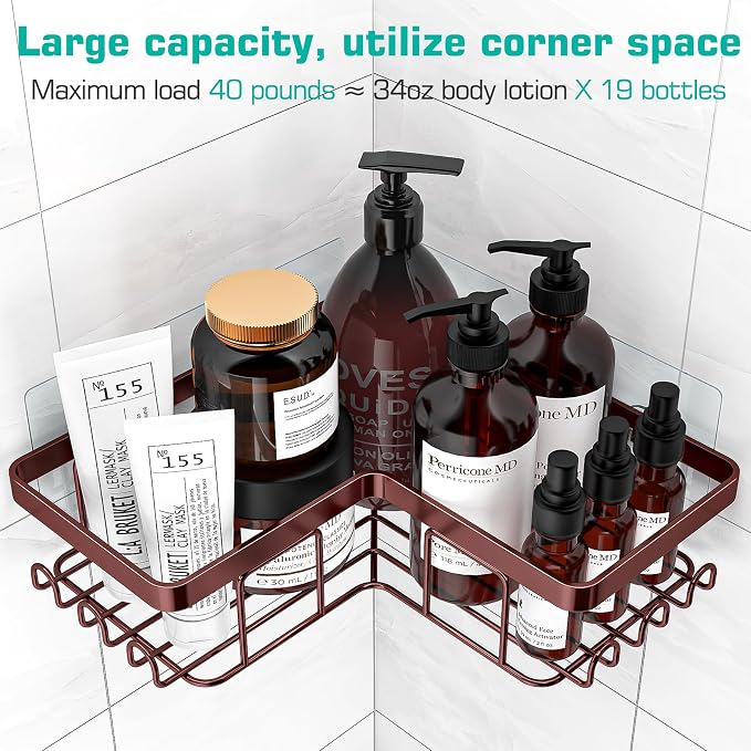 YASONIC Corner Shower Caddy, 3-Pack Adhesive Shower Caddy with Soap Holder and 12 Hooks, Rustproof Stainless Steel, No Drilling Wall Mounted Rack Organizer, for Bathroom, Bronze - Image 2