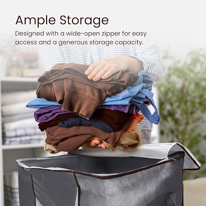 Reli. 60L Clothes Storage Bags (3 Pack) Closet Organizers and Storage Containers | Foldable Bins with Lids & Handles | Large Bags for Towels, Toys, Comforters, Blankets | Grey