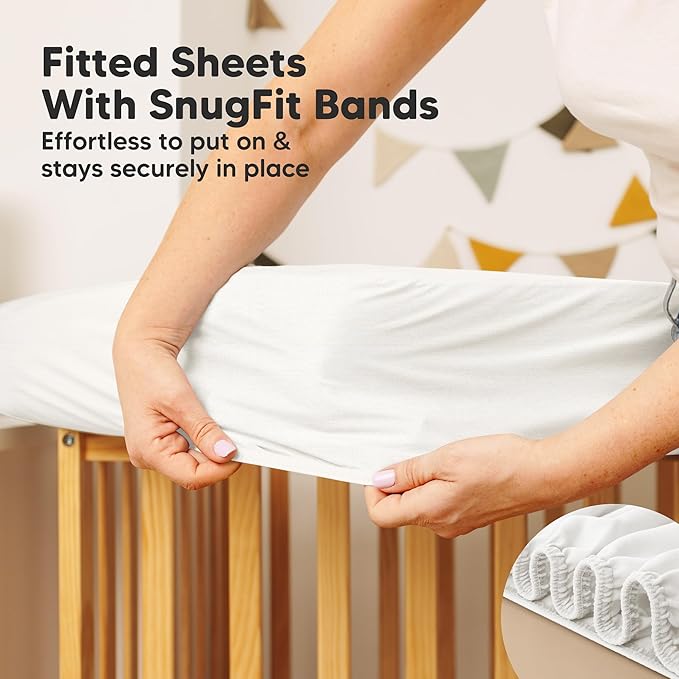 1-Pack Waterproof Crib Mattress Protector Cover Fitted - Quiet Baby Crib Mattress Pad Sheets, 52" x 28" Soft Quilted Cotton Baby Sheet, Machine Washable, Easy Fit, Durable (Soft White/Mavy)