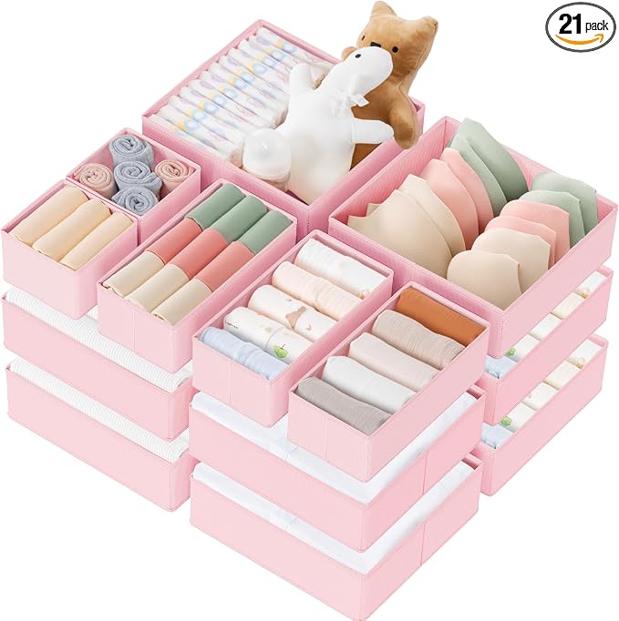 Criusia Drawer Organizer Clothes, 21 Pack Dresser Organizer for Baby Clothes, Underwear, Sock - Foldable Closet Organization and Storage Dividers Bins for Nursery, Bedroom (Pink) by Criusia