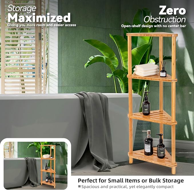 GUGIGP 4-Tier Corner Shower Caddy Stand Bamboo,Standing Corner Shower Shelf,Shower Organizer,Shower Storage Shlves,Waterproof & Durable,Space-Saving Design for Bathroom Kitchen or Living Room - Image 4
