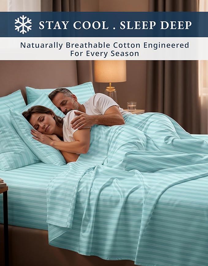 LANE LINEN 100% Egyptian Cotton Luxury Bedding Queen Sheet Set, Fade Resistant, No Pill, Naturally Cooling, Soft & Comfy Silky Smotth Sateen Weave Sheets Damask Stripe - Blue Sky