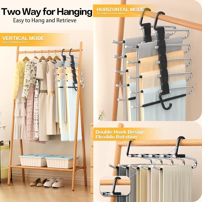 Pants Hangers Space Saving - 2 Pack Closet Organizer and Storage Jean Hangers, Stainless Steel Anti-Slip Clothes Hanger Scarf Holder for Pants Jeans Leggings Trousers Pant Rack, Black - Image 3