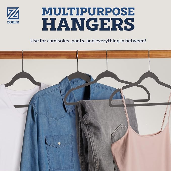 Zober Velvet Hangers 50 Pack - Heavy Duty Gray Hangers for Coats, Pants & Dress Clothes - Non Slip Clothes Hanger Set - Space Saving Felt Hangers for Clothing - Image 6
