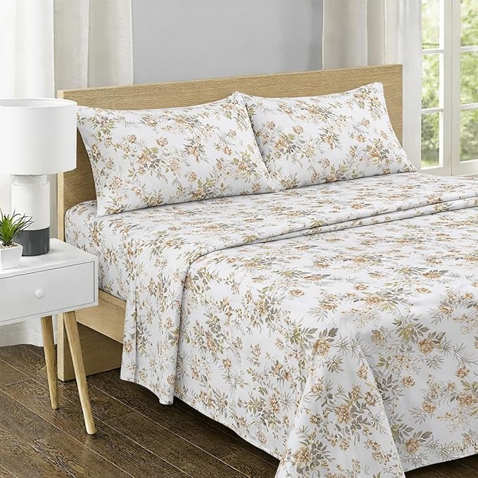 Feather & Stitch Printed 500 TC Twin Size 3pc Damask Bed Sheet Set, 100% Soft Cotton Breathable Bedsheets, 18" Deep Pockets Sateen Weave Striped Bedding Mattress Resort Hotel Luxury Decor Rose Floral