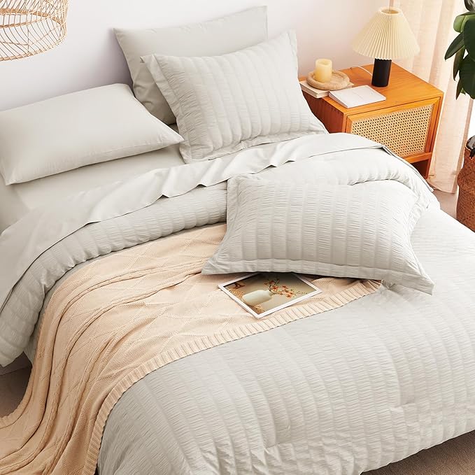 CozyLux Full Size Comforter Sets with Sheets Seersucker 7 Pieces Beige Bed in a Bag Textured Luxury Soft Bedding Set with Down Alternative Comforter, Sheets, Pillowcases & Shams for All Seasons