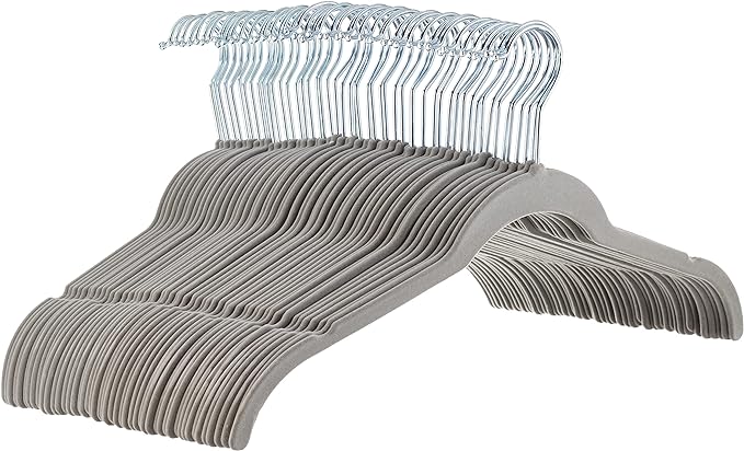 Amazon Basics Slim, Velvet, Non-Slip Shirt Clothes Hangers, Gray/Silver - Pack of 50 by AmazonBasics