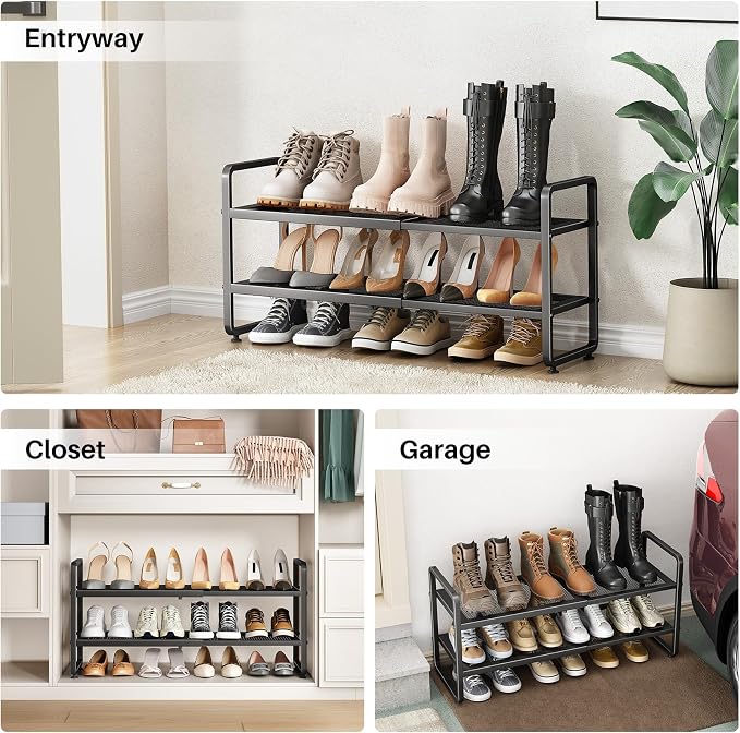 SNTD Shoe Rack - Expandable Shoe Organizer for Closet, Adjustable Metal Shoe Shelf Storage, Stackable Long Shoe Stand Holder for Garage, Entryway, Door Entrance (Black, 2-Tier) - Image 8