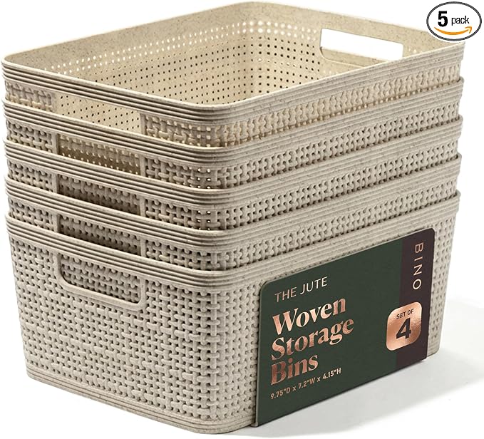 BINO | Woven Plastic Basket | Small (Natural), 5-Pack | THE JUTE COLLECTION | Home Organization, Space - Saving Storage, Stylish Design | Jute Basket | Plastic Storage Basket by BINO