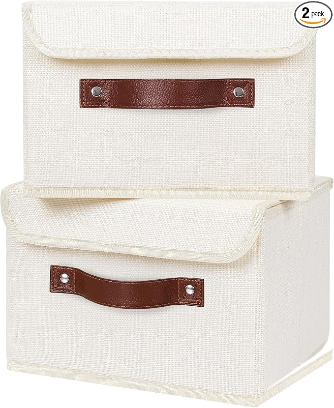 ANMINY 2PCS Storage Bins with Lid PU Leather Handles Storage Boxes PP Plastic Board Decorative Foldable Lidded Cotton Linen Fabric Home Cubes Baskets Closet Organizer Containers - Beige, Small Size by ANMINY